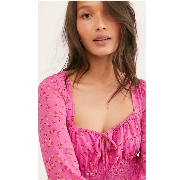 Free People Lolita Smocked Top Floral PINK - SIZE XS - Picture 3 of 9